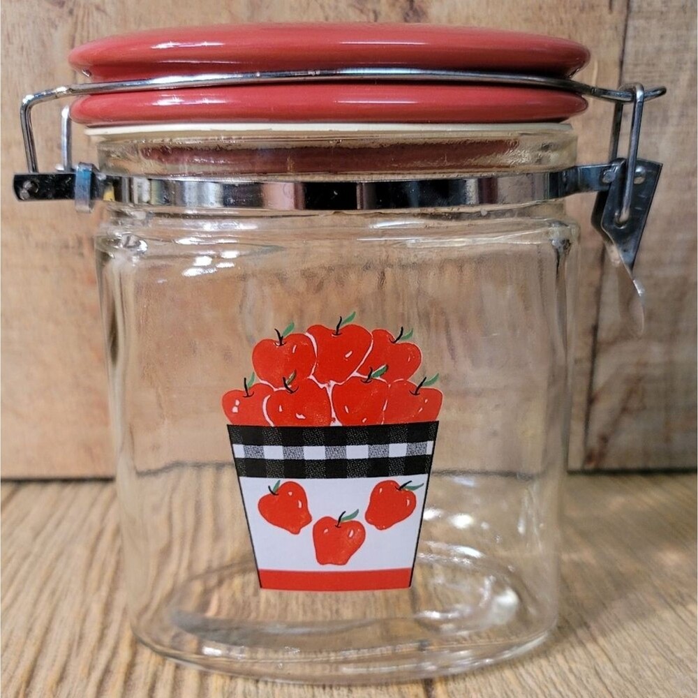 Canning Glass Jar Flip Red Ceramic Top Wire Clasp Vintage 6.5 Inches Tall Gift